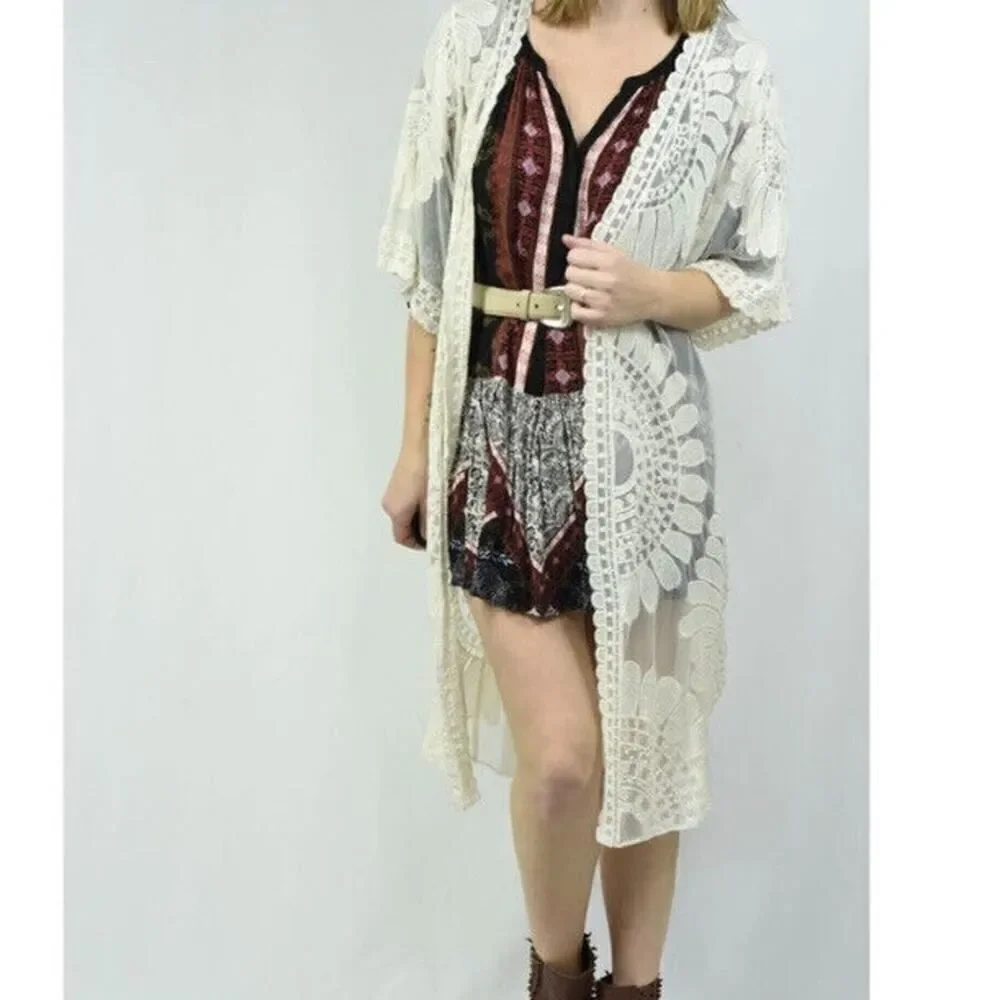 Rebellion Again Blue & White Lace Cover Up Kimono in Floral Medallion Sz S NWOT